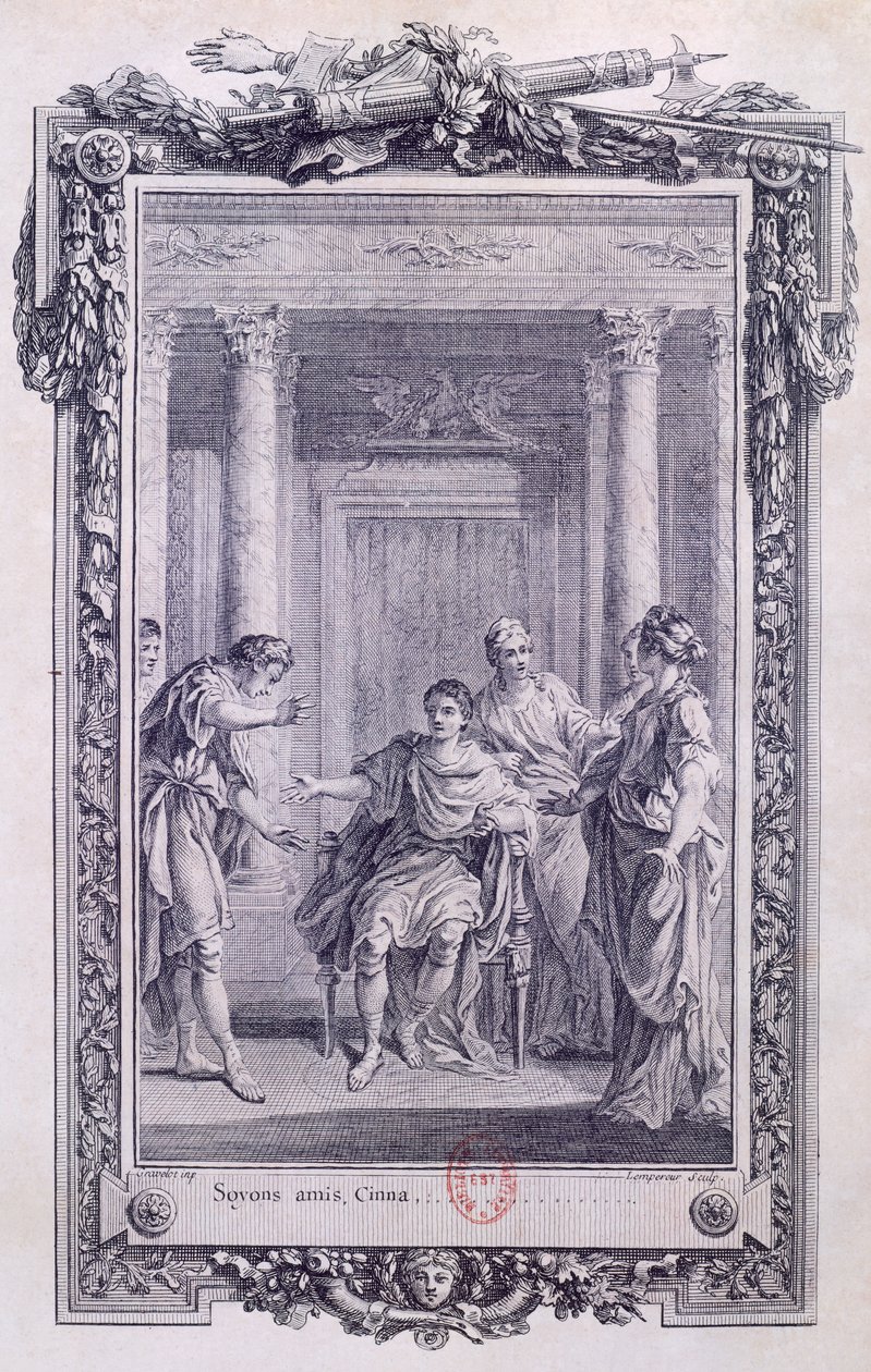 Cinna oder Die Milde des Augustus, Tragödie von Pierre Corneille, Gravur von Gravelot von Hubert Francois Gravelot