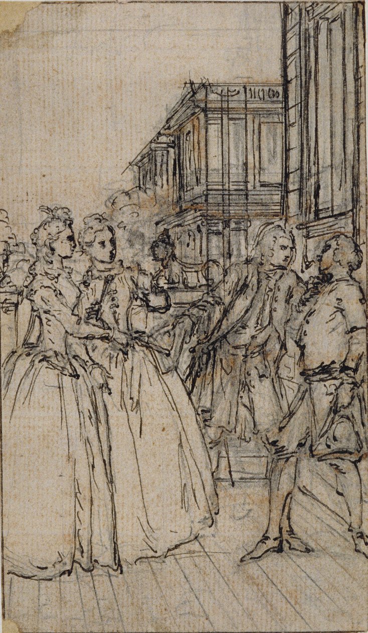 Literarische Illustration mit zwei Damen und zwei Herren auf einer Straße von Hubert Francois Gravelot