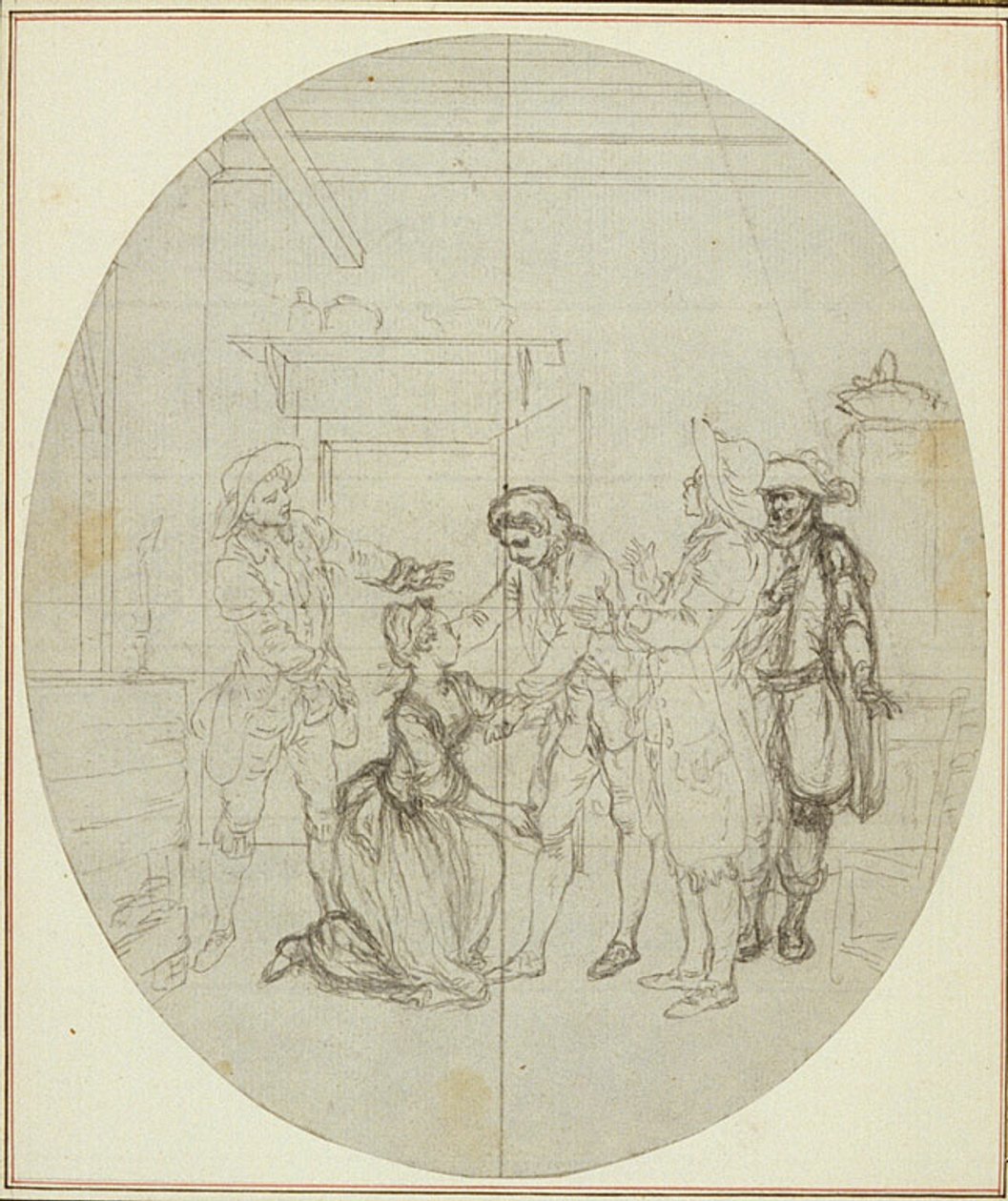 Studie für eine nie veröffentlichte zweite Ausgabe von Colles "La Partie de Chasse de Henri IV", Akt III, Szene 11 von Hubert Francois Gravelot