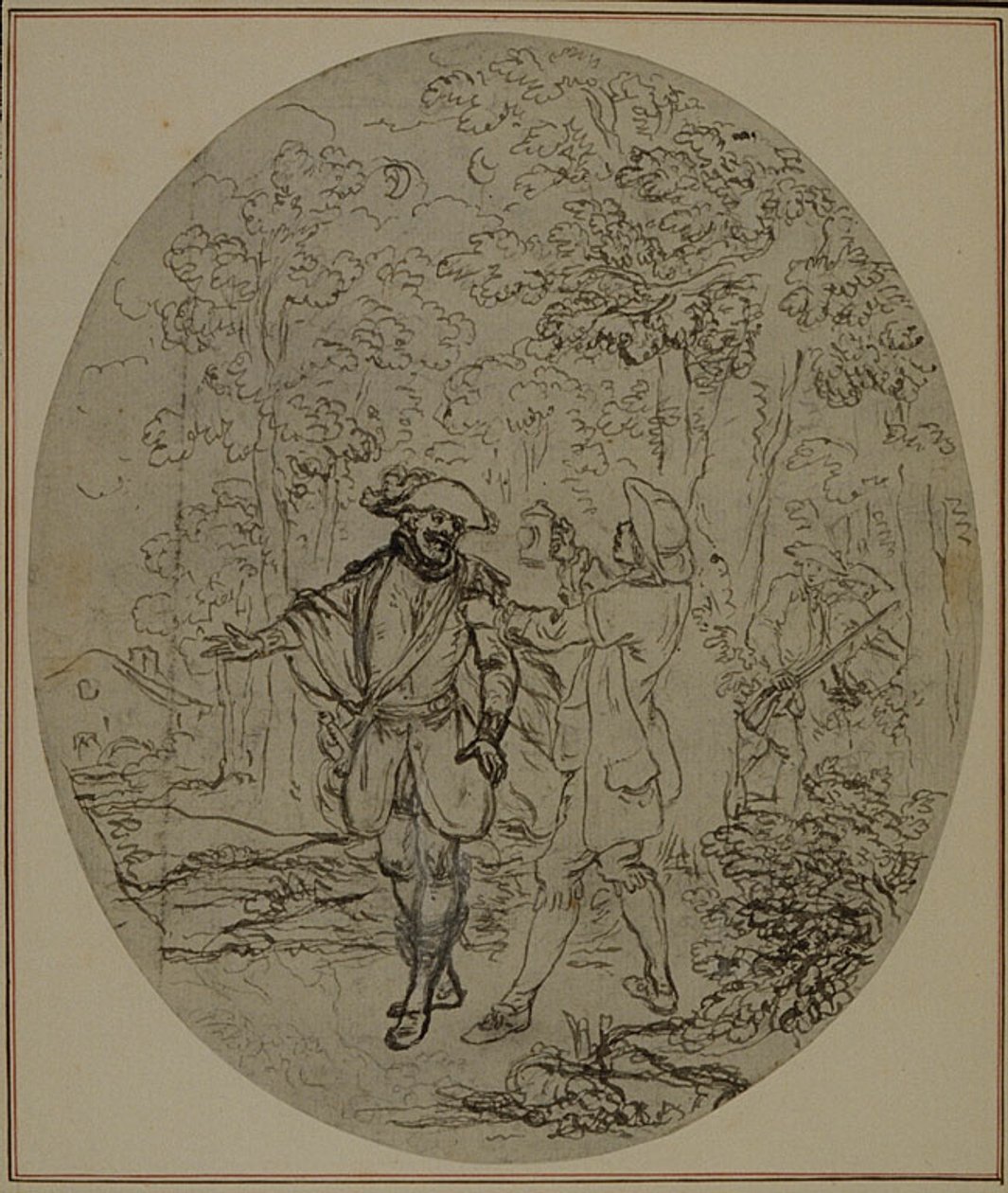 Studie für eine nie veröffentlichte zweite Ausgabe von Colles "La Partie de Chasse de Henri IV", Akt II, Szene 11 von Hubert Francois Gravelot
