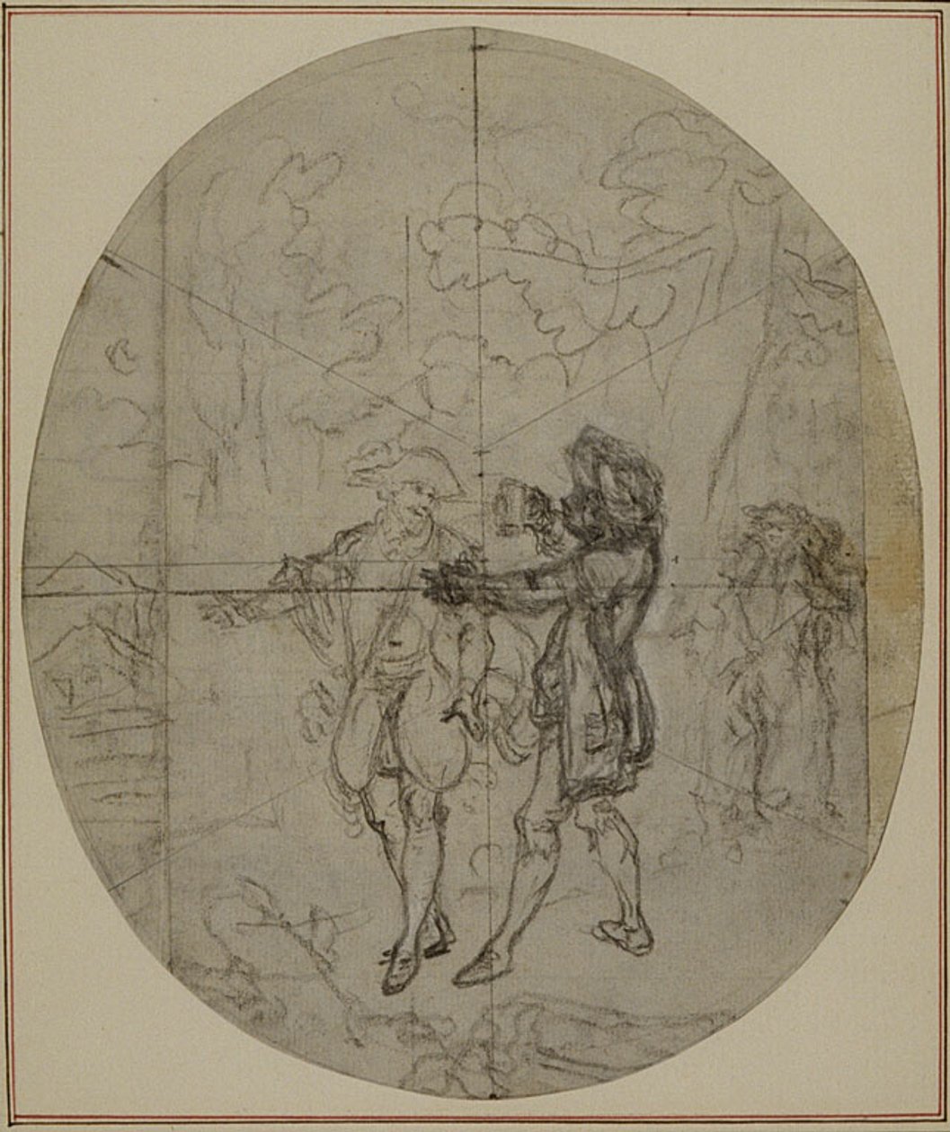 Studie für eine nie veröffentlichte zweite Ausgabe von Colles "La Partie de Chasse de Henri IV", Akt II, Szene 11 von Hubert Francois Gravelot