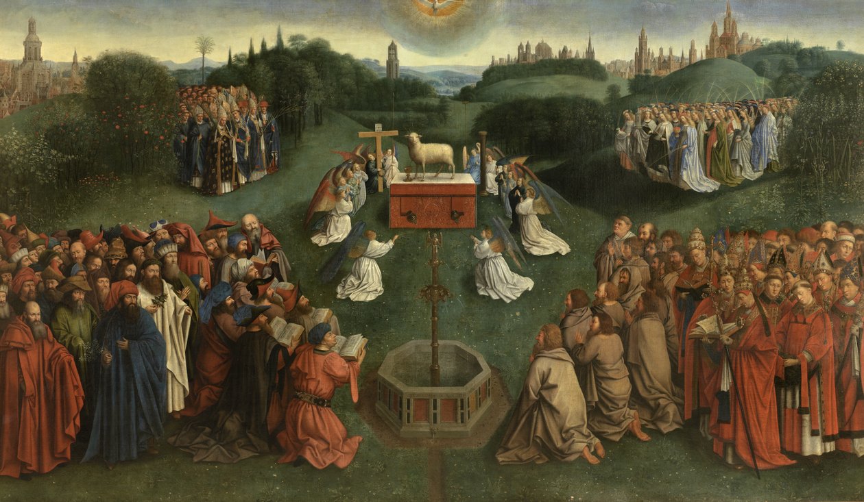 Kopie der Anbetung des mystischen Lammes, aus dem Genter Altar, untere Hälfte des zentralen Panels von Hubert & Jan van (1390 1441) (after) Eyck