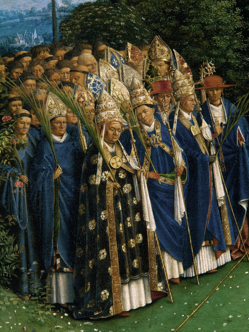 (Detail) der Anbetung des mystischen Lammes, vom Genter Altar, untere Hälfte des zentralen Panels von Hubert & Jan van (1390-1441) Eyck