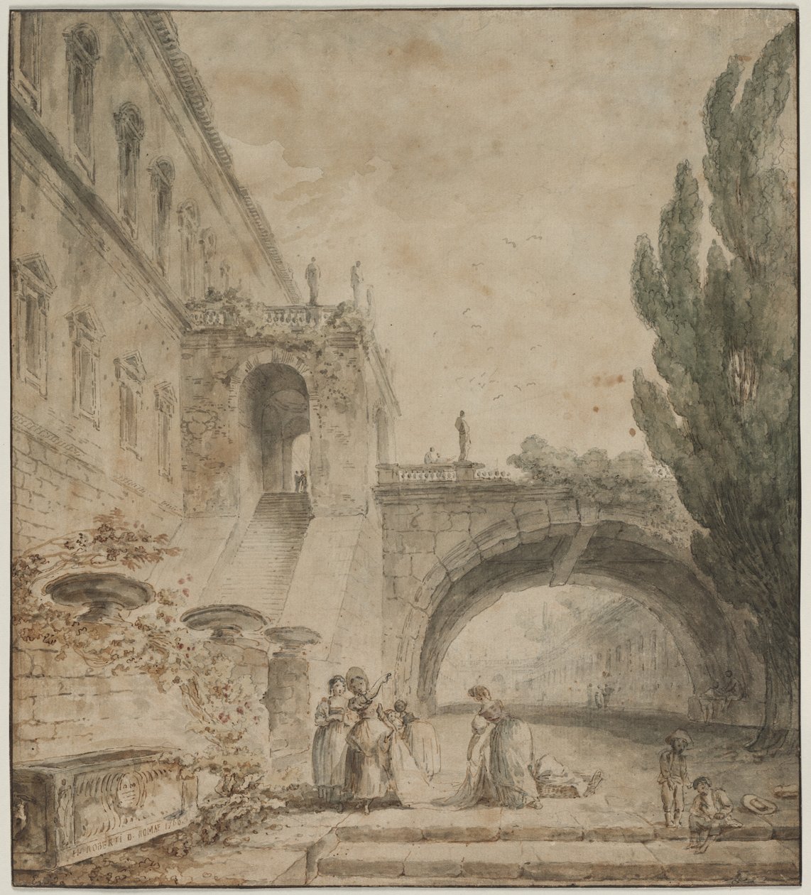 Ein Palast mit einer Bogenbrücke Eine römische Villa, 1760 von Hubert Robert