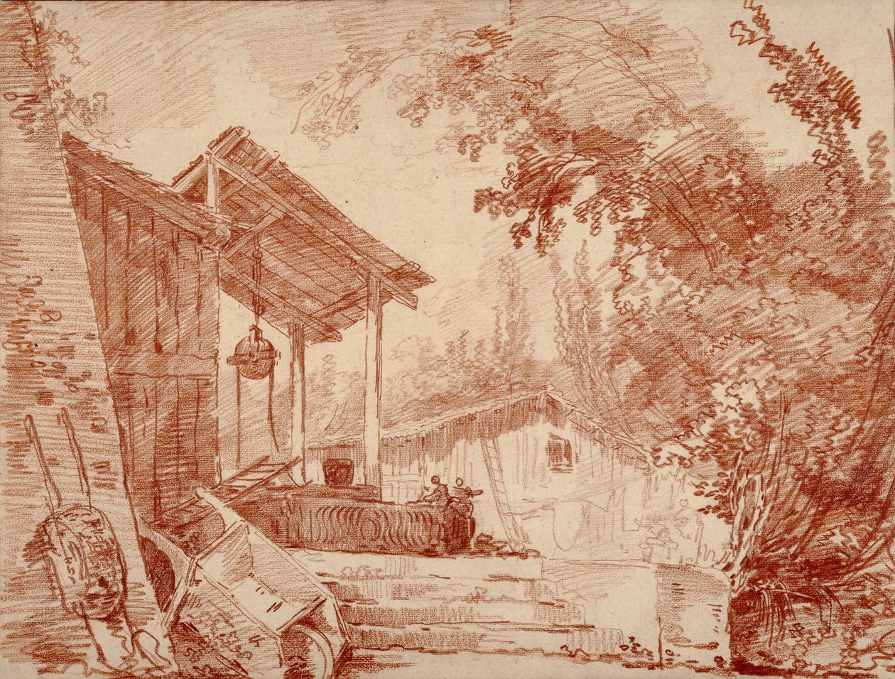 Bauernhof mit zwei Figuren an einem Brunnen und einer großen Schubkarre im Vordergrund von Hubert Robert