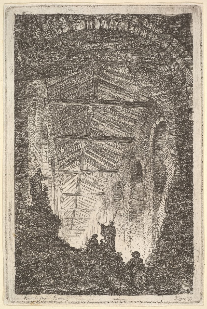 Platte 10: Die antike Galerie: eine große überdachte Galerie, Licht von hinten einfallend, ca. 1763-64 von Hubert Robert