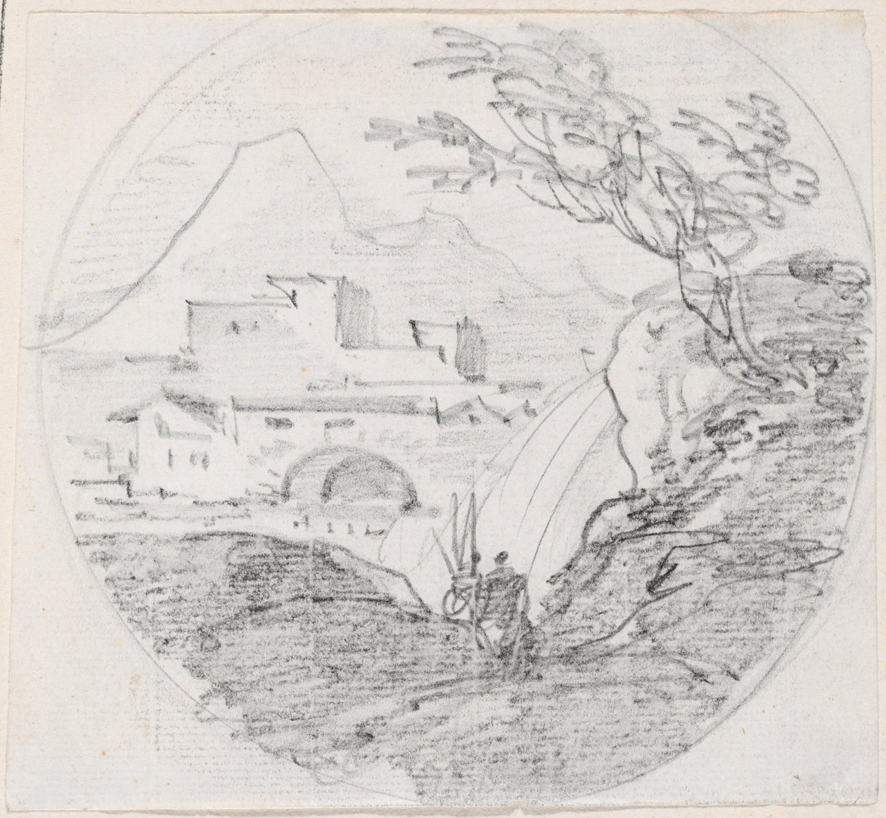 Blick von einem Bergrücken auf ein Dorf und einen fernen Berg von Hubert Robert