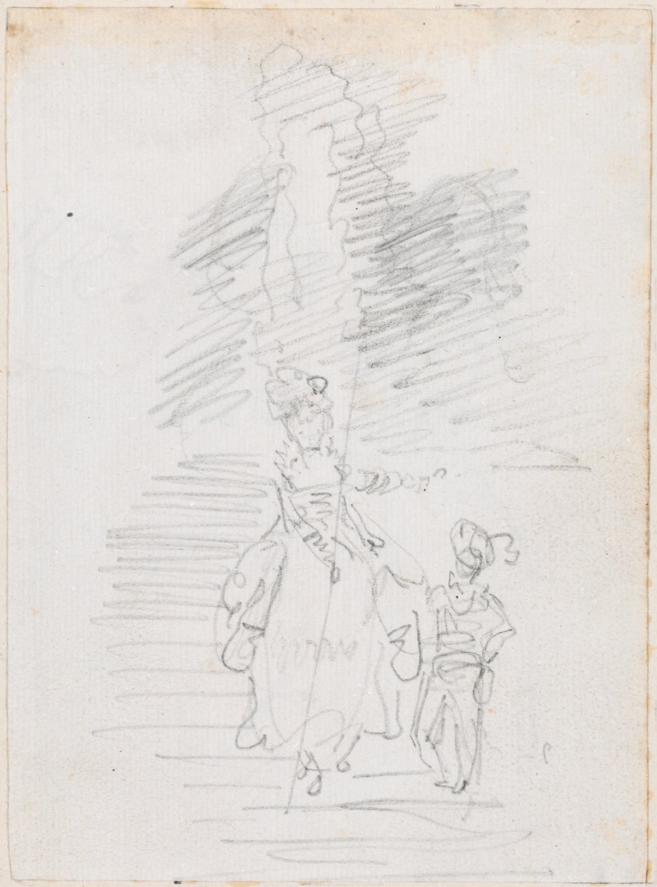 Frau und kleinere männliche Figur auf großer Treppe [recto] von Hubert Robert