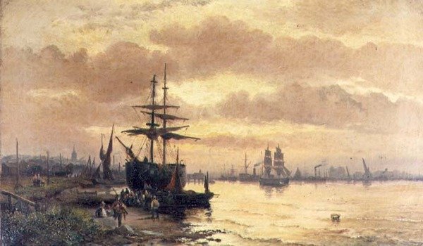 Fischer am Ufer einer Mündung bei Sonnenuntergang von Hubert Thornley