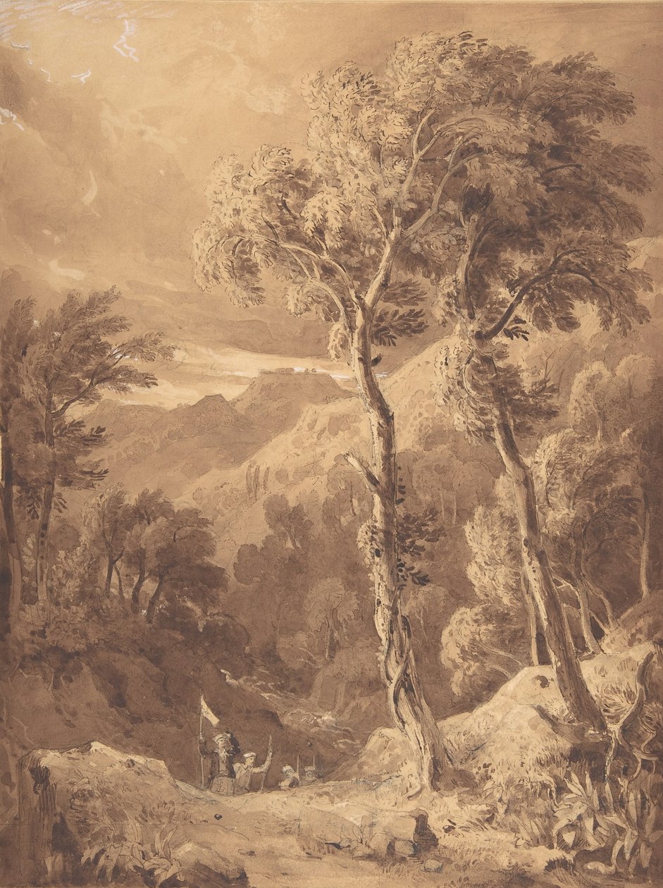 Gebirgige Landschaft mit einer Reisegruppe, Szene am Fluss Pellene Achaia, 1818-29 von Hugh William Williams