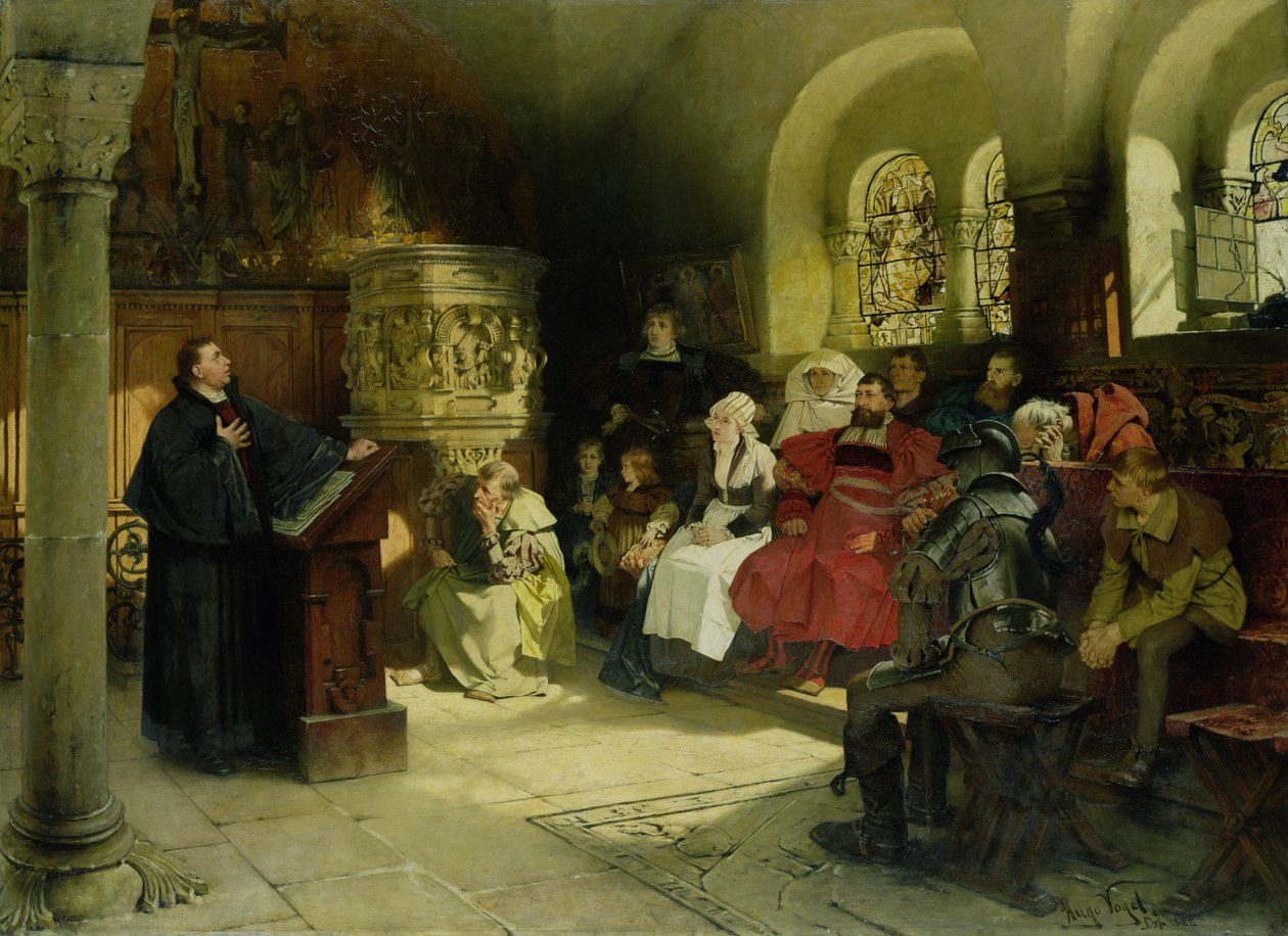 Luther predigt mit seiner Bibelübersetzung während seiner Gefangenschaft auf der Wartburg, 1882 von Hugo Vogel