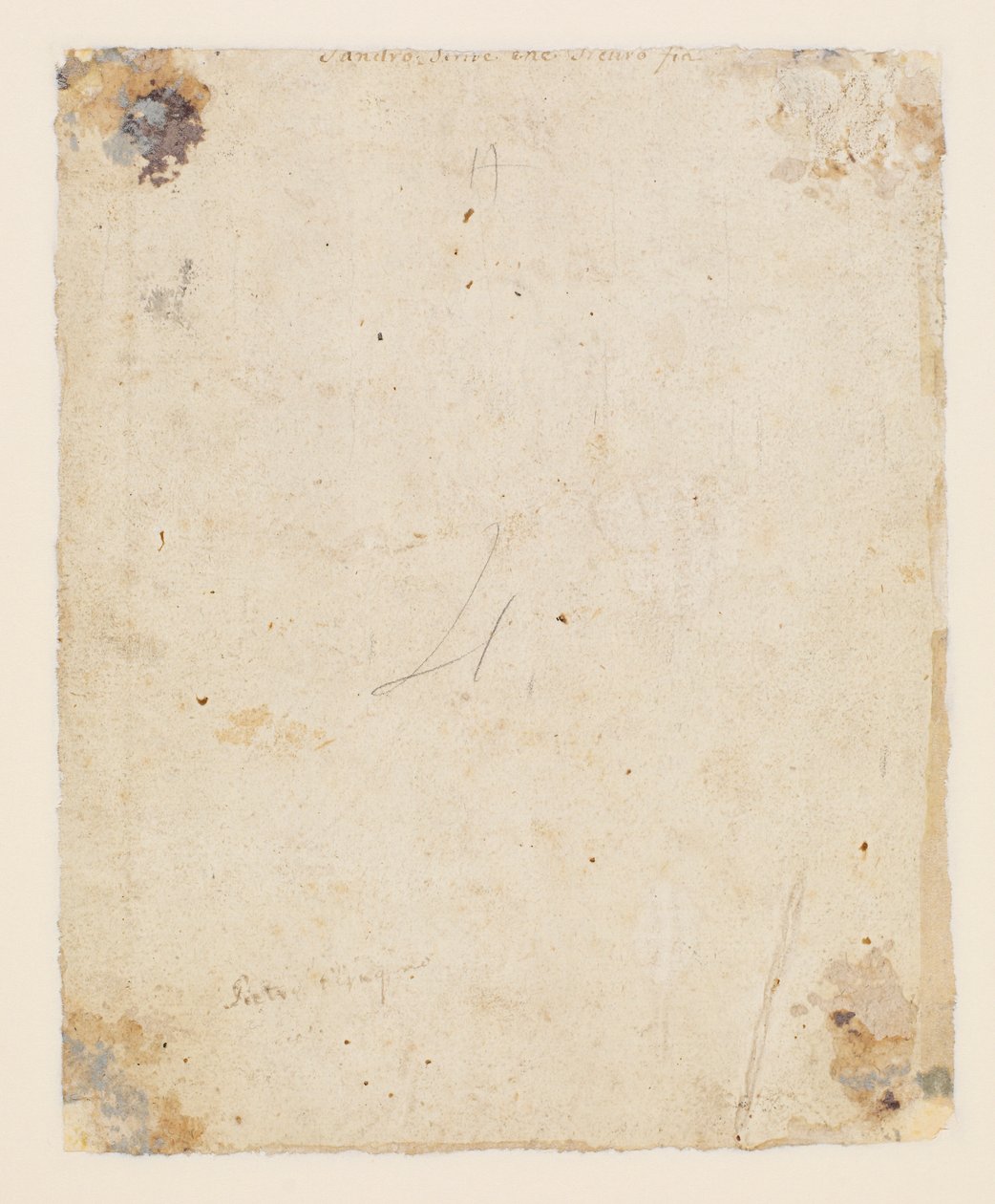Inschrift auf der Rückseite: obere Mitte, braune Tinte, italienische Handschrift des 18. Jahrhunderts: "Sandro schreibt, dass es sicher sei"; darunter, braune Tinte, Handschrift des 19. Jahrhunderts: "Petro Perugino" von Hugo van der Goes