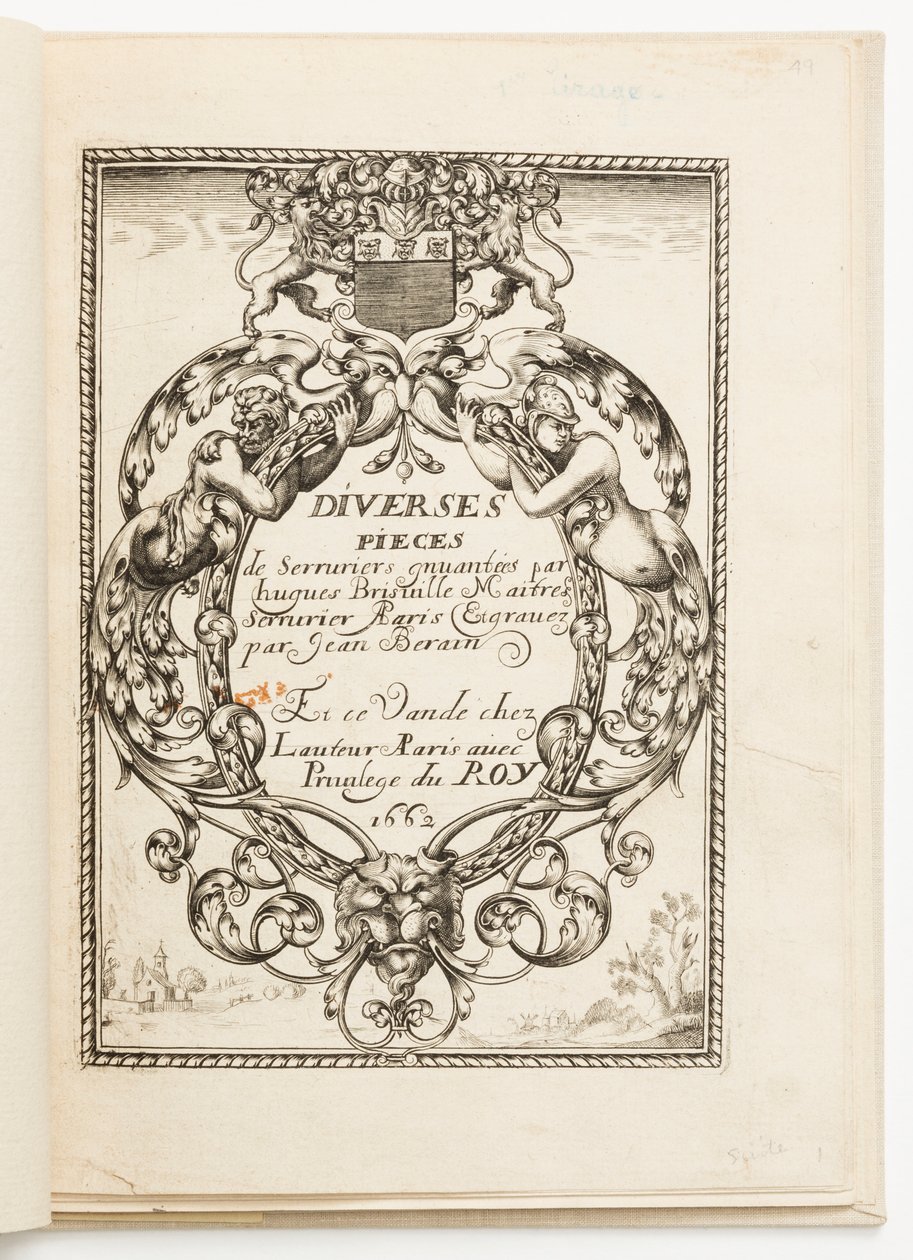 Titelseite, aus Diverses pièces de serruriers (Verschiedene Designs für Schlosser) von Hugues Brisville