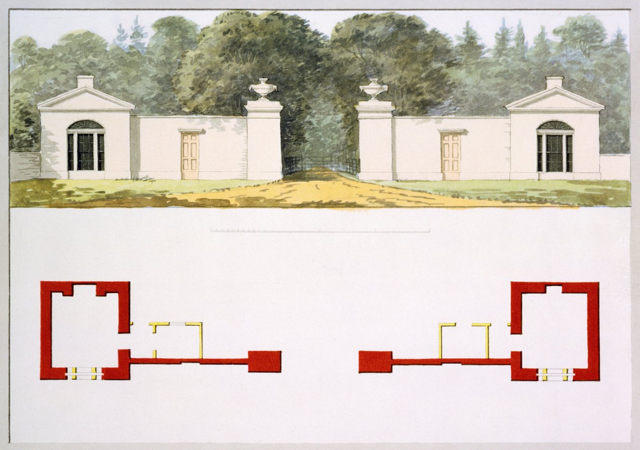 Aufriss und Grundrisse des vorgeschlagenen neuen Eingangstors und der Lodges, aus dem Roten Buch für Antony House, ca. 1812 von Humphry Repton
