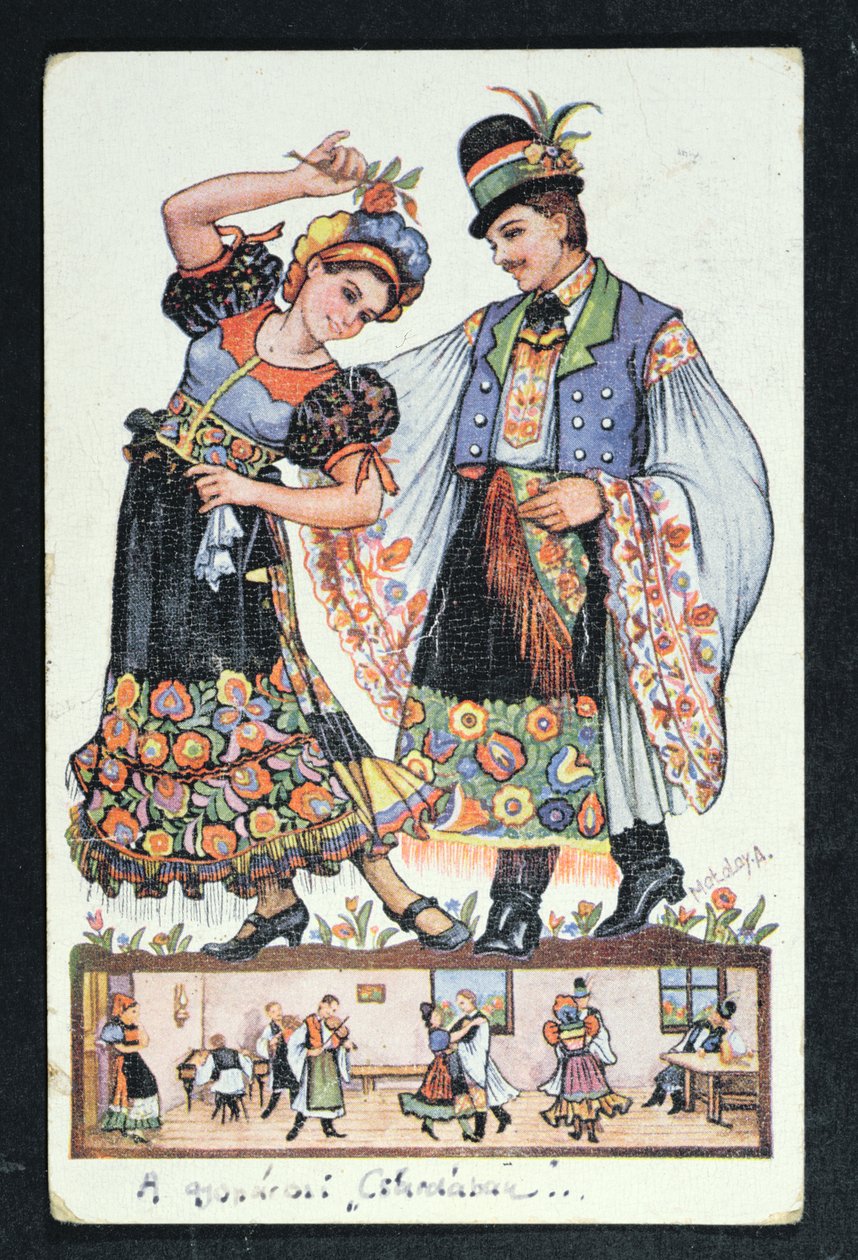 Postkarte darstellend ein ungarisches Paar beim traditionellen Tanz, 1943 von Hungarian School