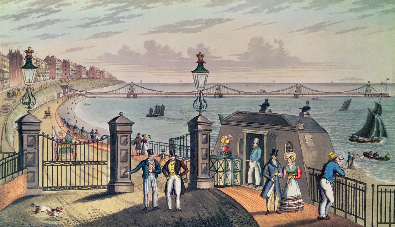 Die Kettenbrücke an der Front in Brighton, entworfen und errichtet von Kapitän S. Brown R.N. im Jahr 1823, graviert und veröffentlicht vom Künstler von Ian Bruce