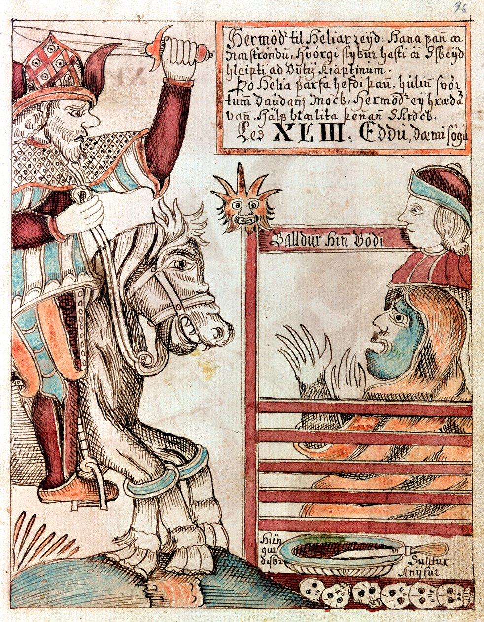 Hermod reitet auf Sleipnir, dem berühmten achtbeinigen Pferd seines Vaters, an den verschlossenen Toren des Königreichs Hel von Icelandic School