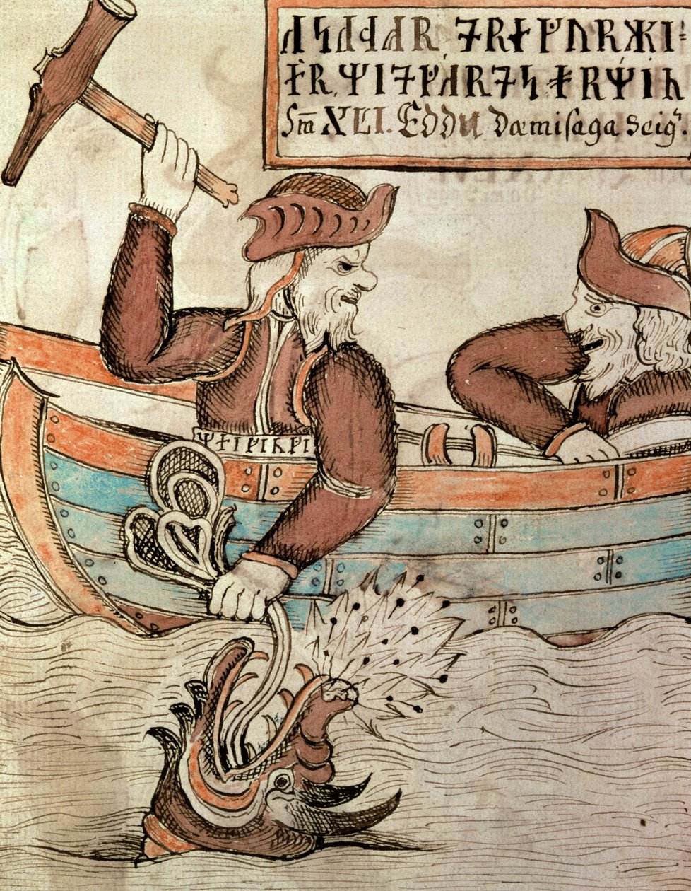 Thor angelt nach der Midgardschlange, aus dem Boot des Riesen Hymir von Icelandic School