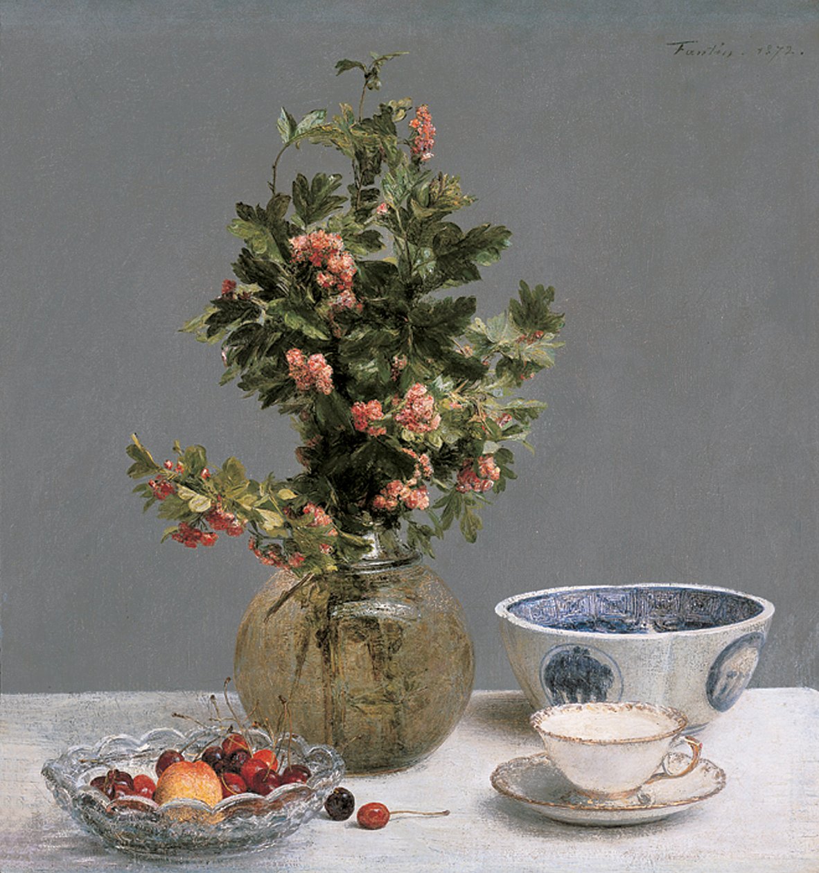 Stillleben mit Weißdornvase, Schale mit Kirschen, japanischer Schale und Tasse mit Untertasse von Ignace Henri Jean Fantin Latour