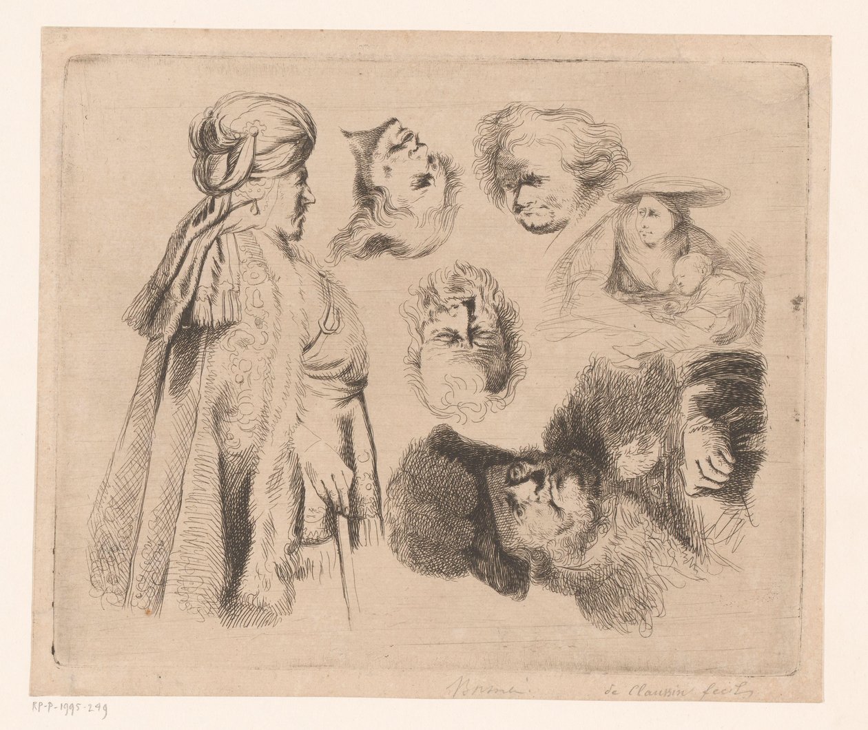 Komposition mit orientalischem Mann, Frau mit Kind und vier Männerköpfen von Ignace Joseph de Claussin (attributed to)