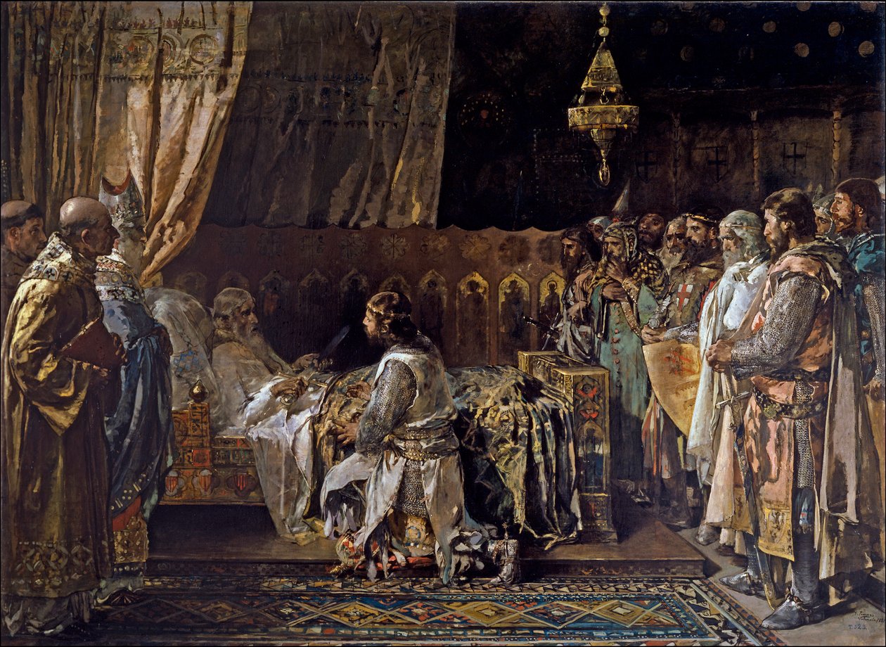 Jakob I. von Aragon, genannt der Eroberer, übergibt seinem Sohn Peter III. von Aragon, genannt der Große, sein Schwert von Ignacio Pinazo Camarlech