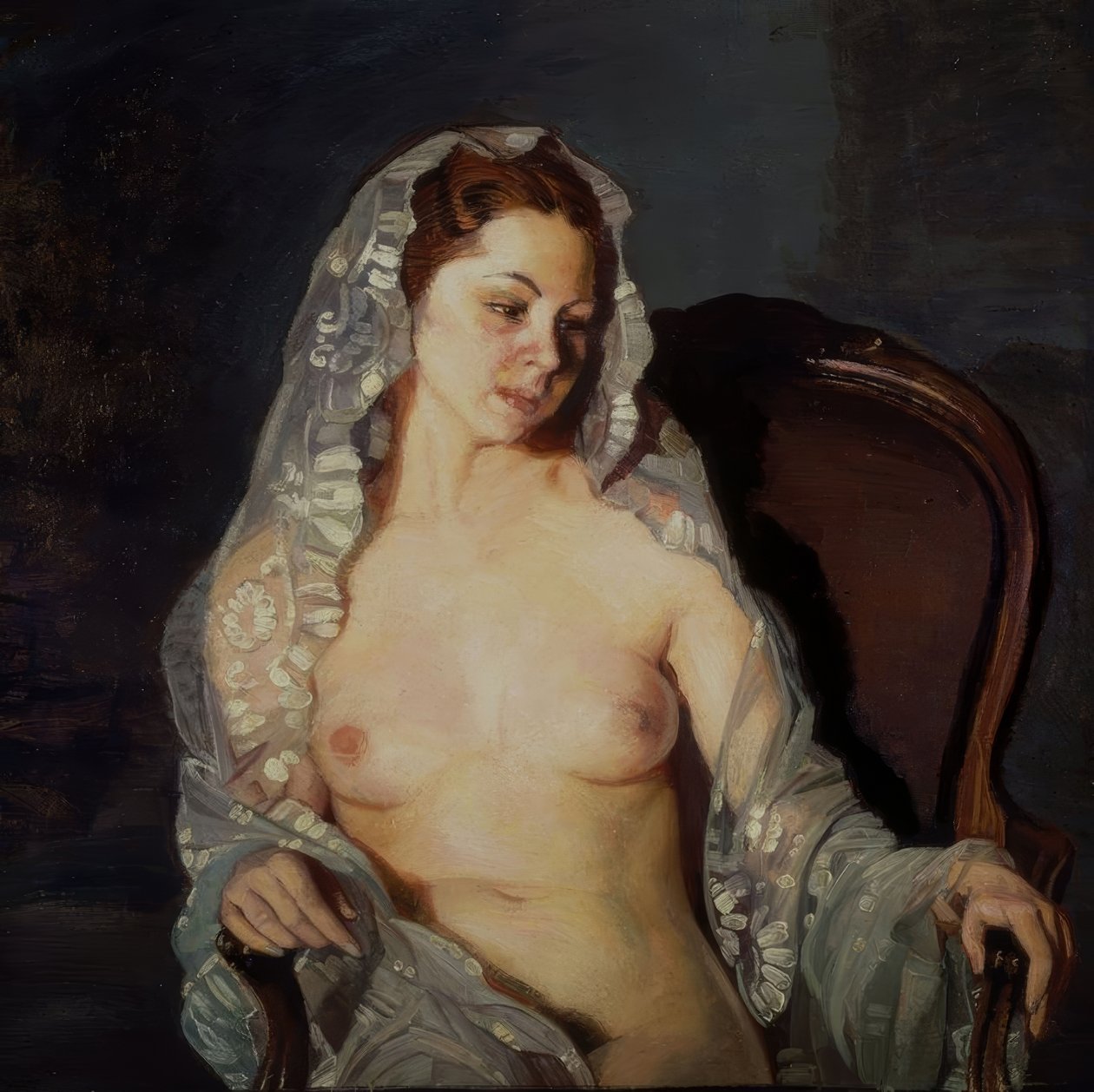 Sitzende nackte Frau mit transparentem Mantilla von Ignacio Zuloaga y Zabaleta