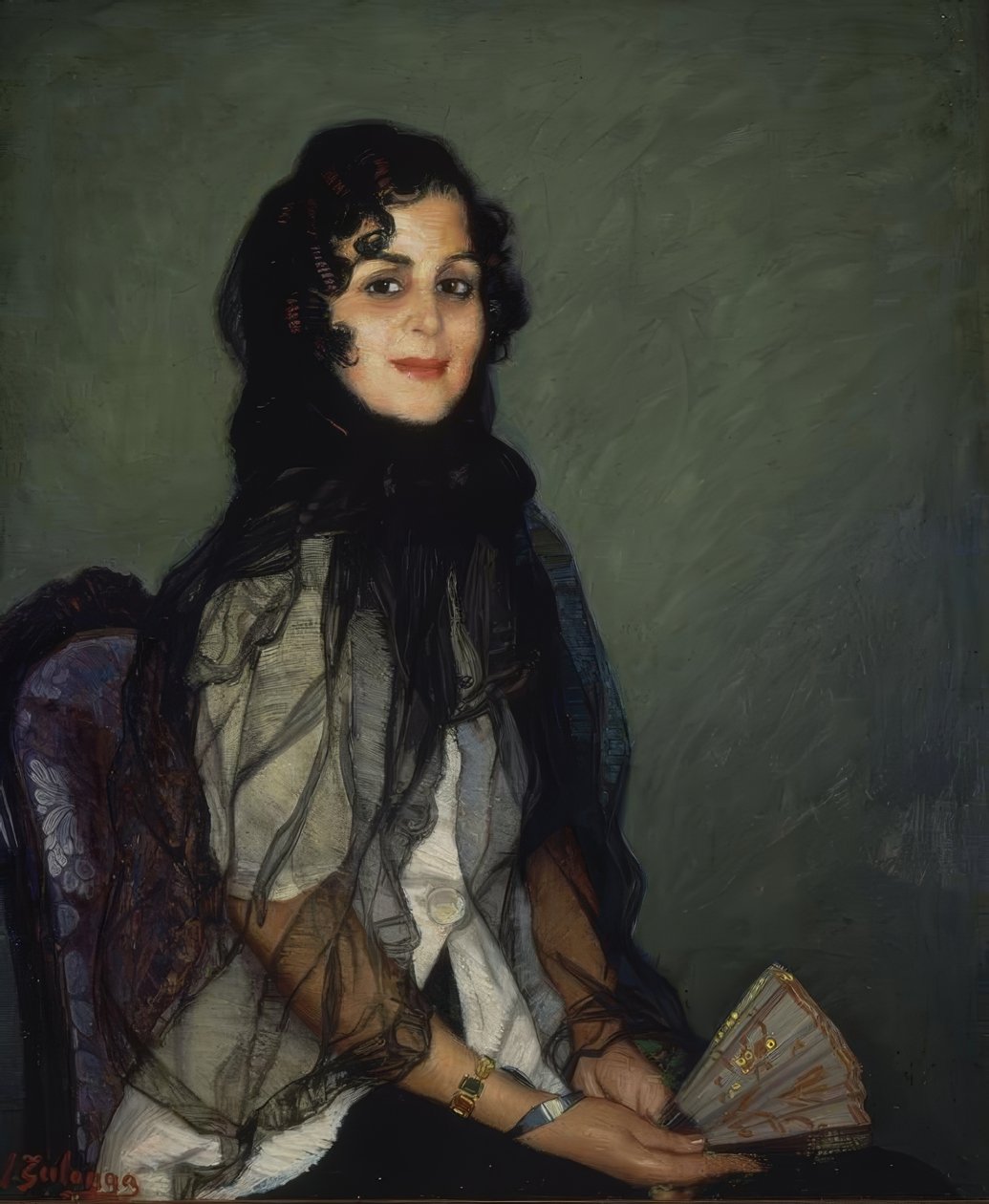 Angustias in Weiß mit schwarzer Mantilla und Fächer – 20. Jahrhundert – Öl / Leinwand – 95x79 cm von Ignacio Zuloaga y Zabaleta