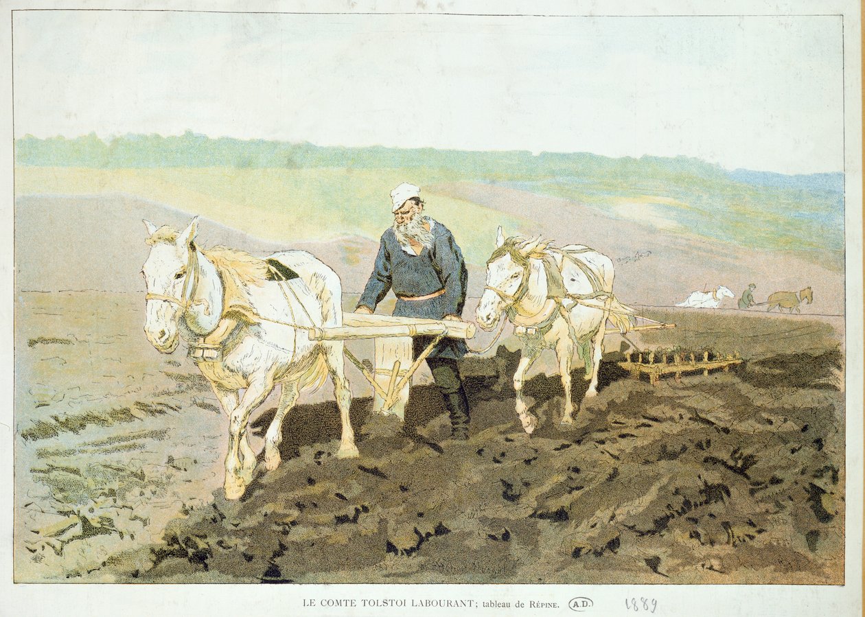 Der Schriftsteller Lew Nikolajewitsch Tolstoi (1828-1910) pflügt mit Pferden, 1889 von Ilya Efimovich Repin