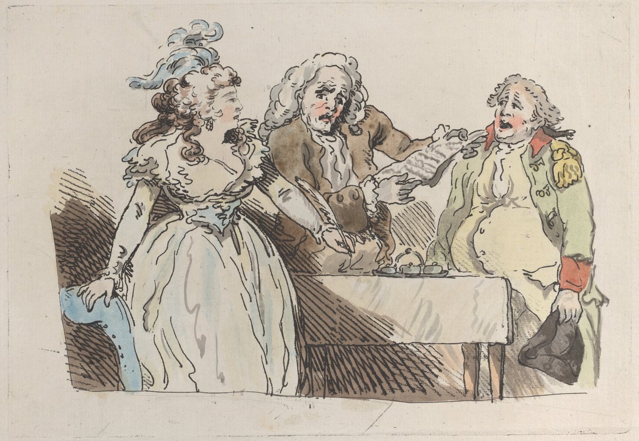 Eine junge Erbin bereitet sich darauf vor, ein Dokument zu unterschreiben, 1780-1800 von Imitator of Thomas Rowlandson.
