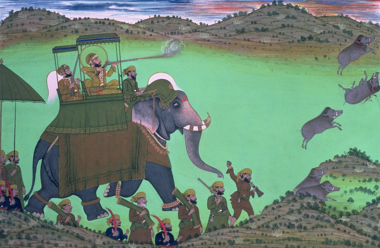 Maharana Sarup Singh von Udaipur schießt Wildschweine vom Elefantenrücken, Rajasthan, 1855 von Indian School