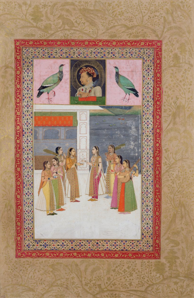 Ms E-14 Porträt von Djahangir (1569-1627) zwei Vögel und edle Frauen im Gespräch von Indian School