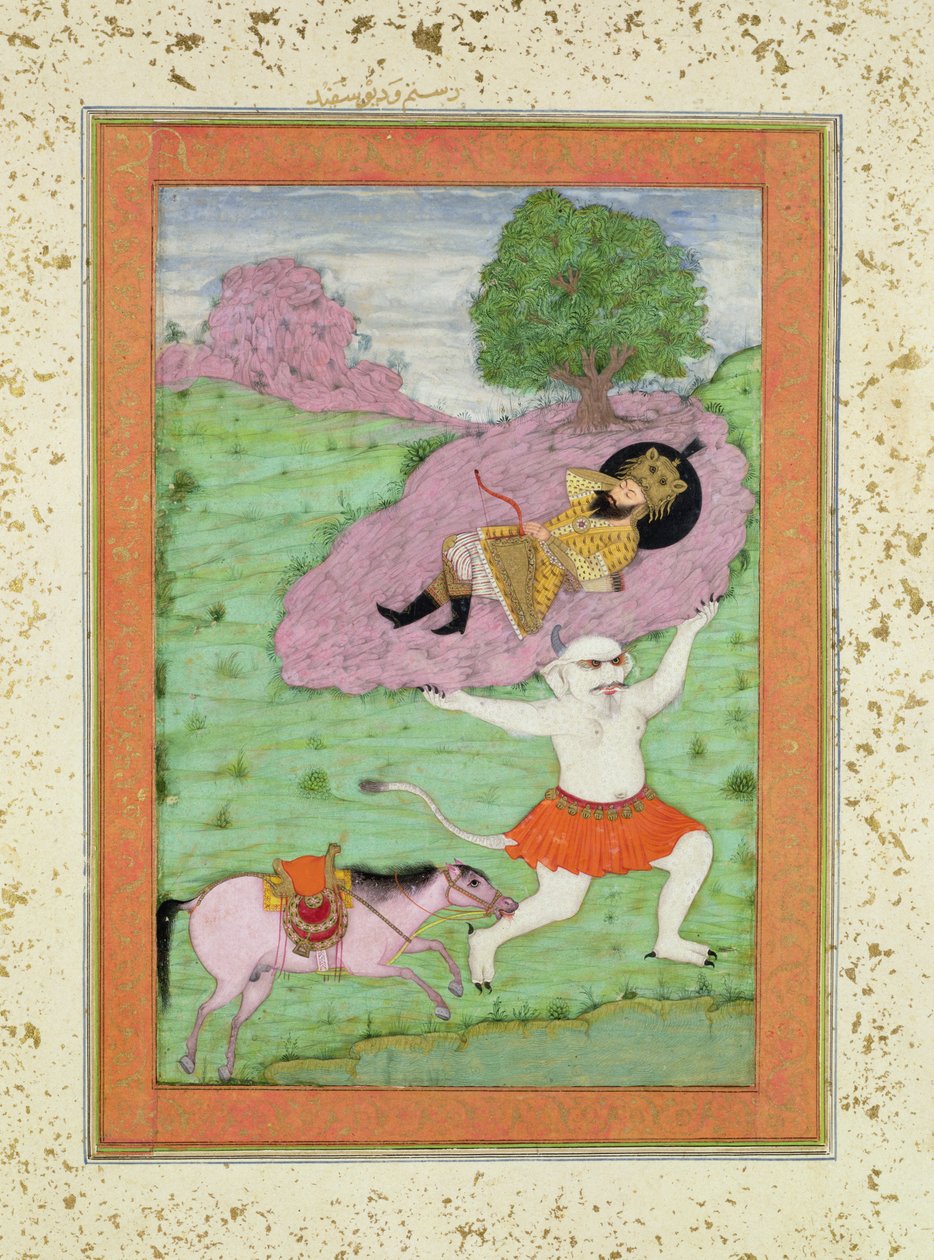 Der weiße Dämon entführt den schlafenden Rustam, Illustration aus dem 