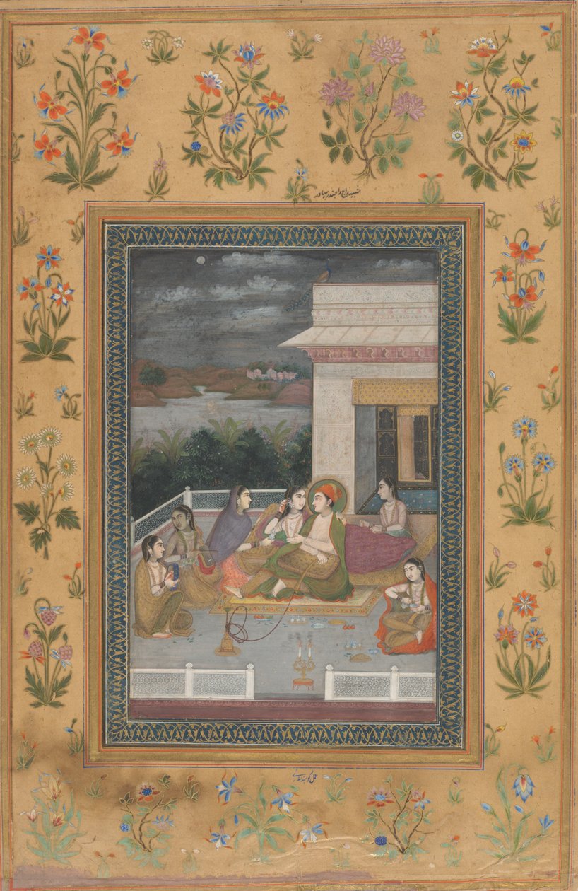 Ein Paar auf einer Terrasse, umgeben von Dienern und Musikern von Indian 18th Century