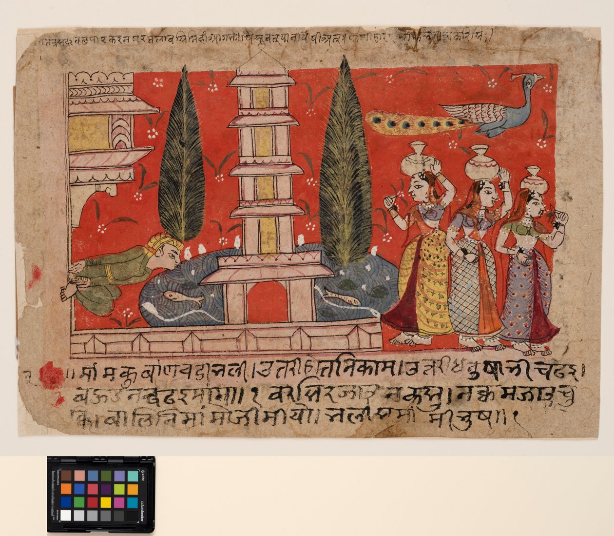 Ein Mann klettert an der Seite eines Palastes und beobachtet Gopis über einen Teich mit einer Pagode von Indian School