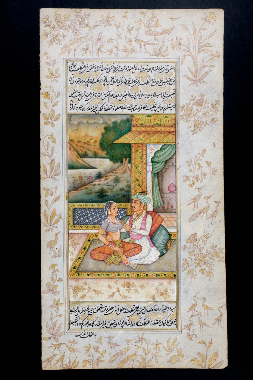 Ein Mann umwirbt eine Frau in einer Boudoir-Szene, Rajasthani-Miniaturmalerei von Indian School