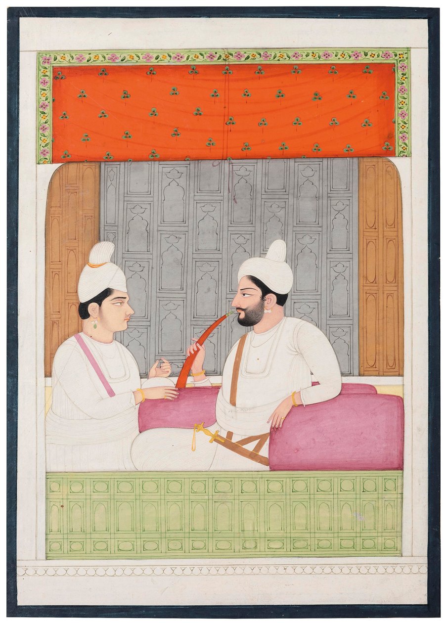 Ein Porträt von Raja Sansar Chand von Kangra und seinem Sohn Aniruda Chand, Kangra, Punjab Hills, Nordindien von Indian School