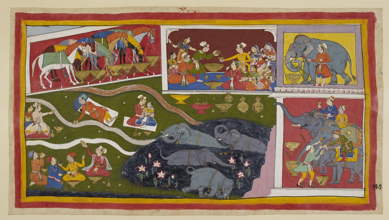 Die Pferde, Elefanten und Soldaten genießen ebenfalls Bharadwajas Gastfreundschaft. Die Pferde essen aus großen goldenen Schalen; ebenso die Elefanten, die hier mit Zuckerrohr präsentiert werden von Indian School