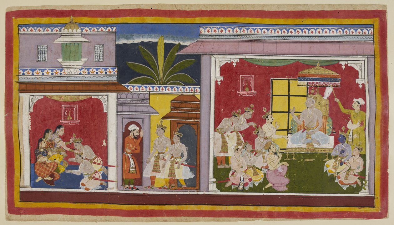 Im Thronsaal von Ayodhya, König Dasaratha sitzt mit seinen vier Söhnen, seinem Minister Sumantra und seinem Oberpriester Vasistha. Yudhajit, der Bruder von Königin Kaikeyi und Bharatas Onkel mütterlicherseits, ist gekommen, um Bharata zu besuchen von Indian School