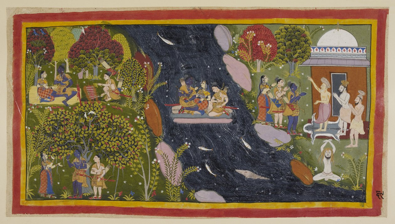 Bharadvāja, rechts in seiner Einsiedelei, berät die Reisenden über den Weg nach Citrakuta. In der Mitte überqueren sie die Yamuna auf einem improvisierten Floß, wobei Sita erneut zur Göttin des Flusses für eine sichere Rückkehr betet von Indian School