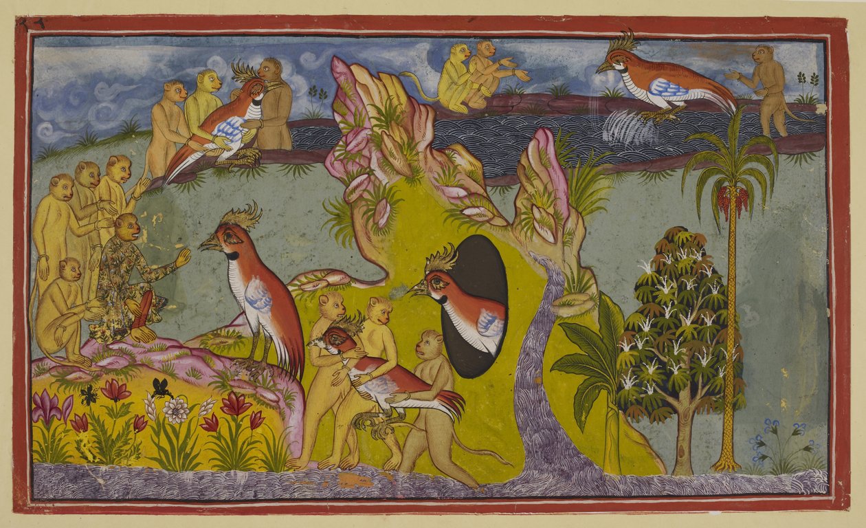 Die Affen haben beschlossen, sich am Ufer des südlichen Ozeans zu Tode zu hungern, anstatt sich dem Zorn ihres Königs zu stellen. Sie werden vom flügellosen Geier Sampati, dem Bruder des Geierkönigs Jatayu, gesehen von Indian School
