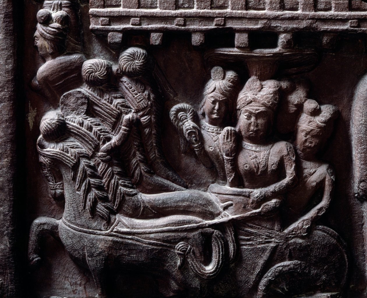 Buddhismus: „Prasenjits letzter Besuch bei Buddha“ Detail des Stupa von Bharhut. Flachrelief aus schwarzem Stein, 2. Jahrhundert v. Chr. - Kolkata, Indian Museum von Indian School