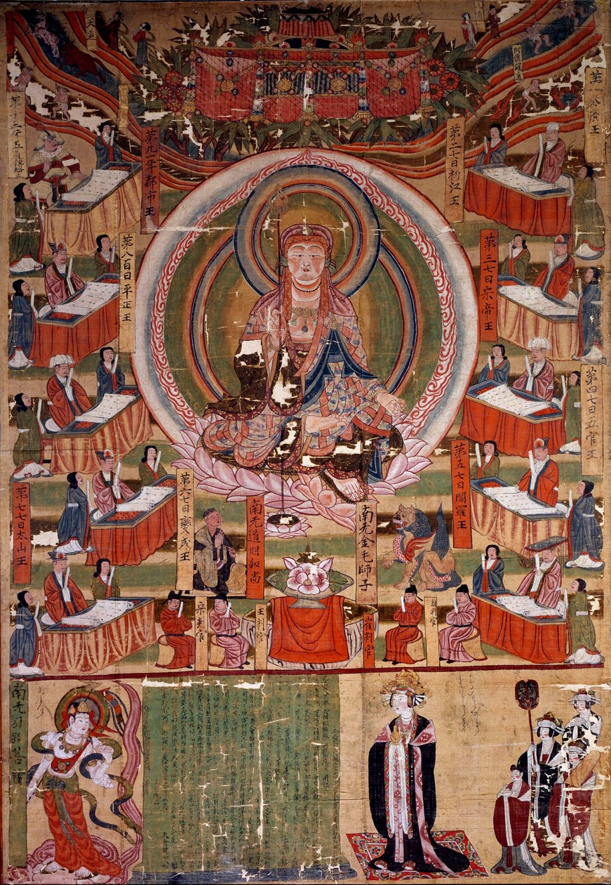 Buddhismus: Der Bodhisattva Ti-tsang, Meister der Sechs Zustände und Zehn Könige der Hölle. Gemälde von 983, Indien. Paris, Guimet Museum, Nationalmuseum für Asiatische Kunst von Indian School