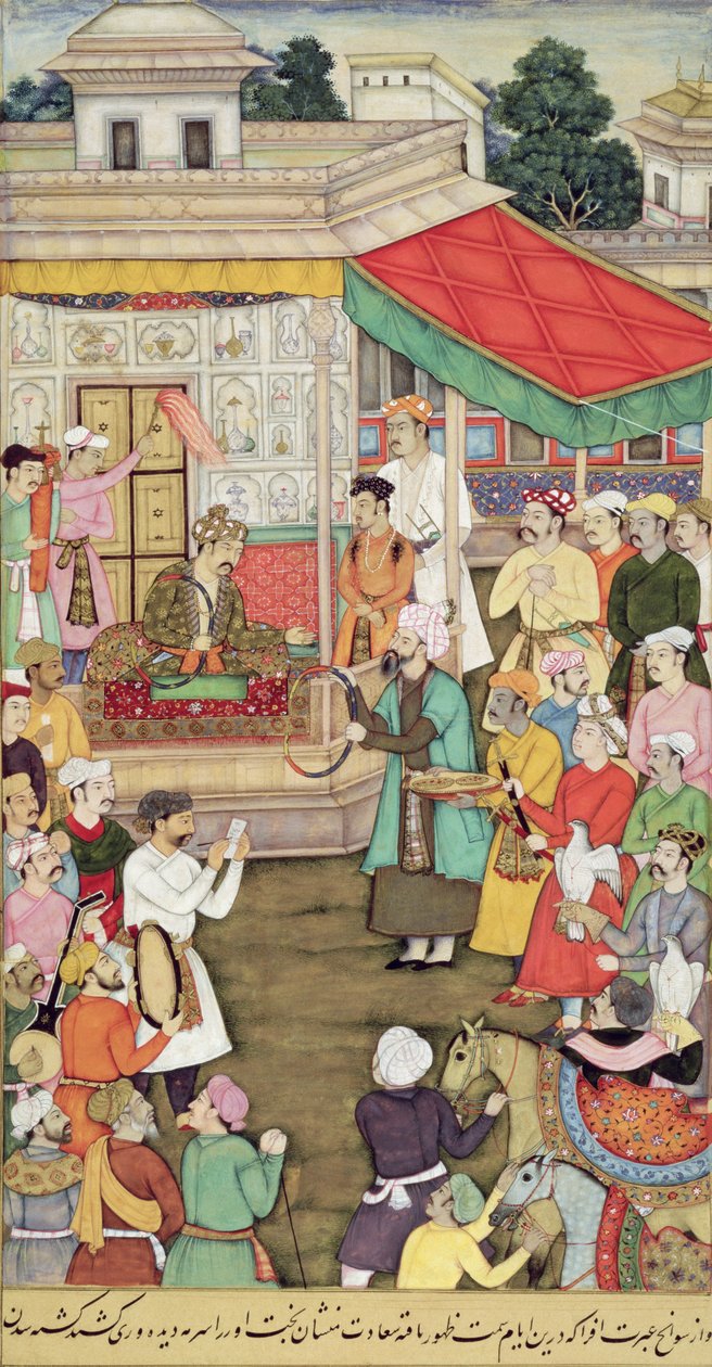Akbar (r.1556-1605) empfängt Geschenke von den Botschaftern von Badakhshan, aus dem Akbarnama, c.1605 von Indian School