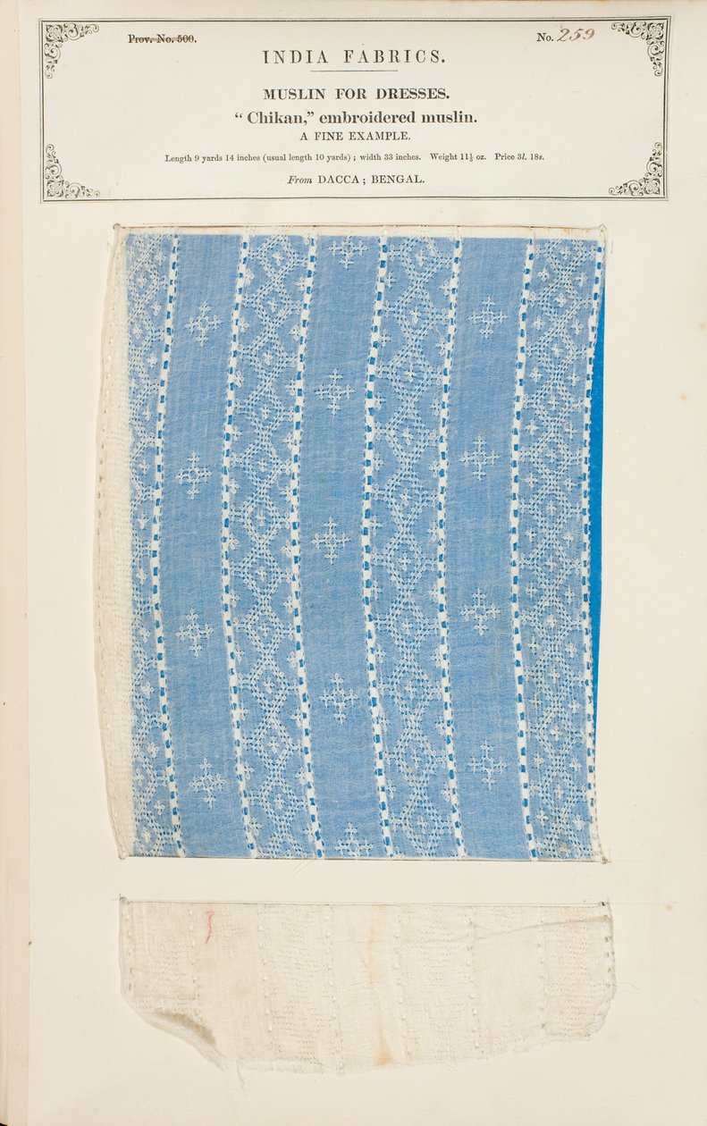 Bootee-Musselinprobe mit Punkten bestickt aus Dacca in Bengalen, aus The Collection of the Textile Manufacturers of India, von John Forbes Watson, veröffentlicht 1866 von Indian School
