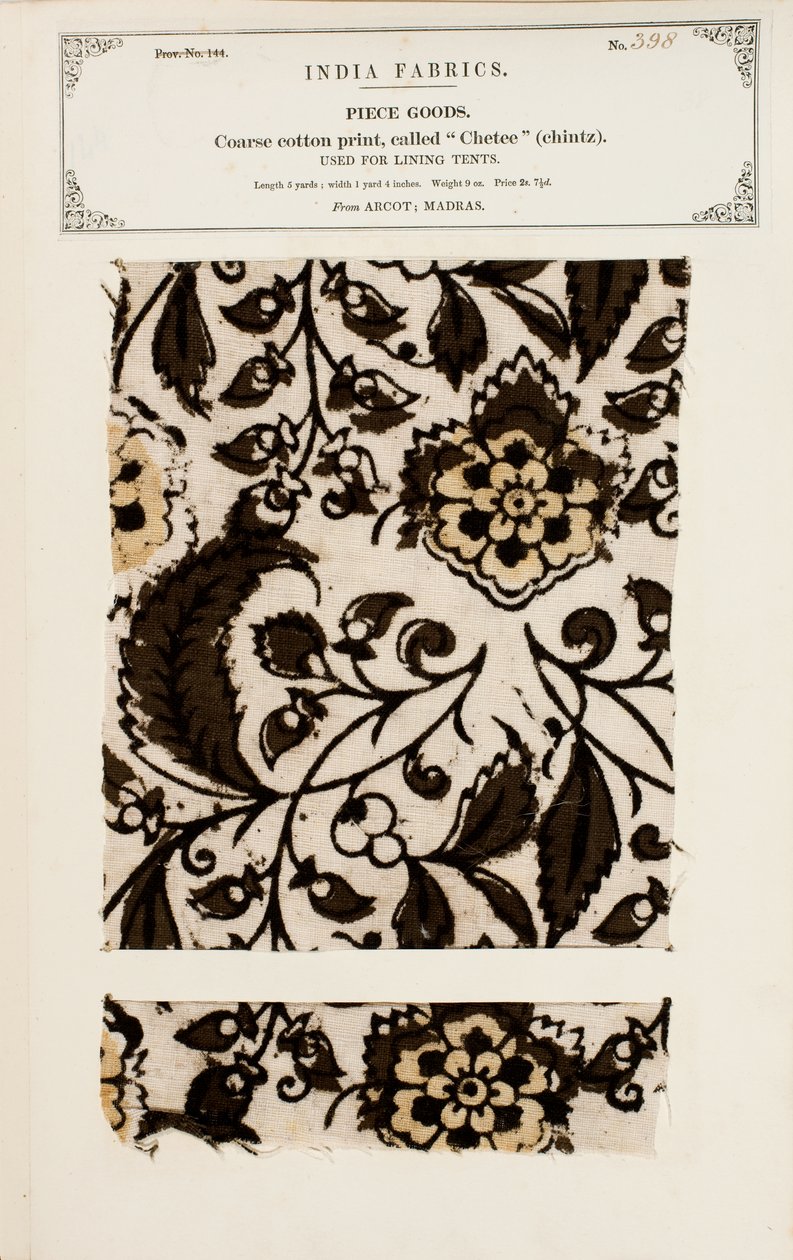 Kleine glasierte Palampore- oder Bettdeckenprobe aus Masulipatam in Madras, aus The Collection of the Textile Manufacturers of India, von John Forbes Watson, veröffentlicht 1866 von Indian School
