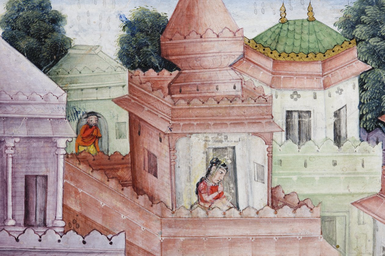 (Detail) Krishna spaltet den Dämon Narakasura mit seinem Diskus, ca. 1585-90 von Indian School