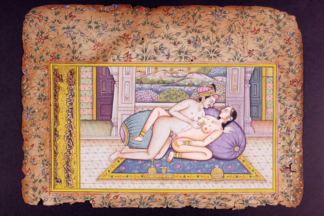 Erotische Szene in einem luxuriösen Boudoir, rajasthanische Miniaturmalerei von Indian School