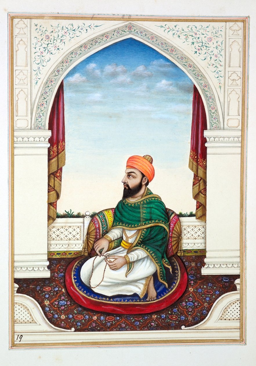 Fakir Syad Aziz-o-Deen, aus Das Königreich Punjab, seine Herrscher und Häuptlinge, Band I, ein Band mit 27 Aquarellstudien eines unbekannten indischen Künstlers, ca. 1840 von Indian School