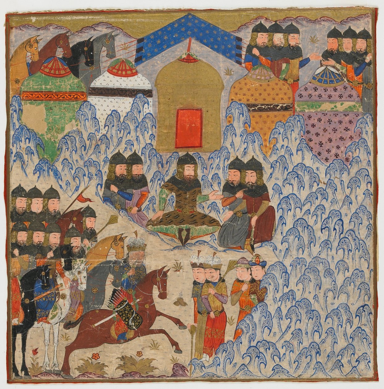Seite aus einem Schahname (Buch der Könige) von Firdawsi; Rustam im Lager, möglicherweise Indien, ca. 1425-50 von Indian School