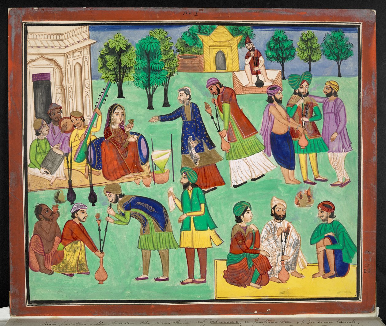 Gouache eines Amritsar-Künstlers, der das Rauchen von Charras darstellt, eine Art indischer Hanf, der aus Ostturkestan nach Nordindien importiert wurde von Indian School